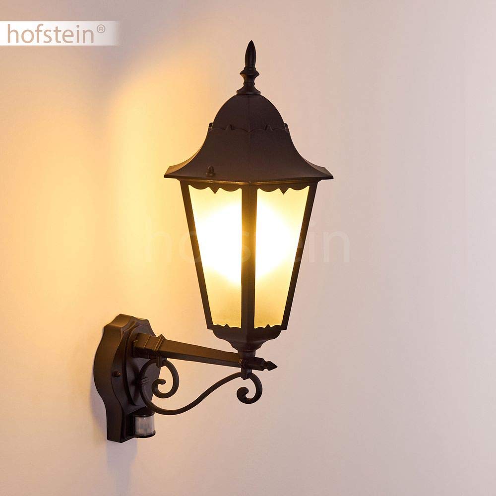 HOFSTEIN Außenwandleuchte Hongkong FROST, Außenwandlampe mit Bewegungsmelder aus Metall/Milchglas in Schwarz, Wechselscheiben Klar, Wandleuchte Up im Retro-Stil, E27, IP44, Eingangsbereich, Haustür