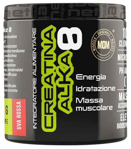 NET Integratori CREATINA ALKA 8-200g Uva Rossa - Creatina Monoidrata Micronizzata Clonapure - Pre-Post Workout, Rapida Produzione Energetica, Contrasta Fatica e Massimizza la Crescita Muscolare
