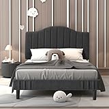 VECELO Twin Bed Frame, Upholstered Platform Bed with Sheepskin Fabric Adjustable Headboard/Strong Wood Slats Supports/7.9'' Under Bed Storage Space/Noise Free/No Box Spring Needed, Dark Grey