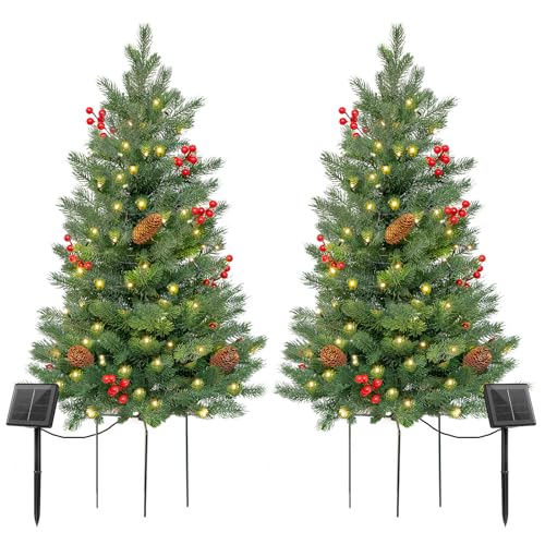 Enven 30 Inch Outdoor Christmas Tree 2 Set, Pre-Lit Mini Flocked Christmas Tree Artificial Pathway Xmas Tree 50 Led With Red Berries cover