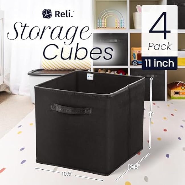 Reli. 11 Inch Cube Storage Bins (4 Pack) | Cube Organizer Bins | 11x11 Fabric Storage Boxes | Collapsible, Foldable Fabric Cubby Box (Square) | Kids Room Organization (Black)