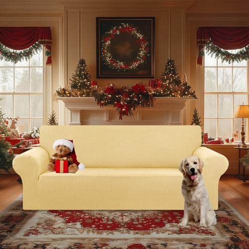 KEKUOU Stretch Oversized Sofa Slipcover 1 Piece Couch Sofa Cover (94"-110") Furniture Protector 4 Seater Sofa with Elastic Bottom for Kids,Pet.Jacquard Checked Pattern Fabric(X Large,Champagne)