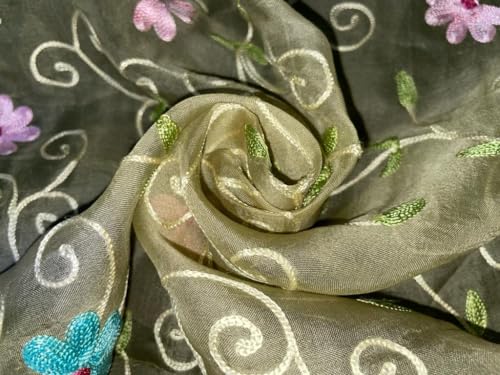 Organza de soie brodé vert pastel à motifs floraux [730]