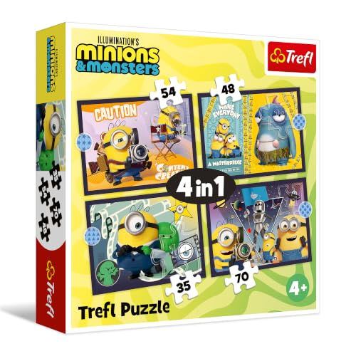 Trefl - Minions 3, Nouvelles Aventures des Minions – Puzzles 4 en 1, de 35 à 70 pièces – Différents Niveaux de difficulté, mettant en scène Les Personnages du Dessin animé, à partir de 4 Ans