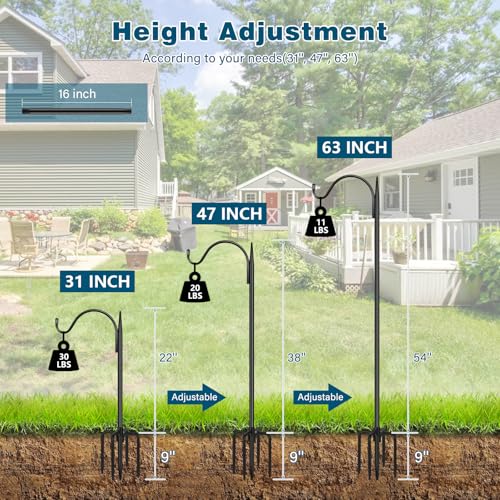 Image of Gtongoko 63 Inch Shepherds Hooks for Outdoor with 5 Prongs Base, Adjustable Bird Feeder Pole Garden Hooks for Hanging Lanterns, Plants Baskets, Hummingbird Feeders, 1 Pack