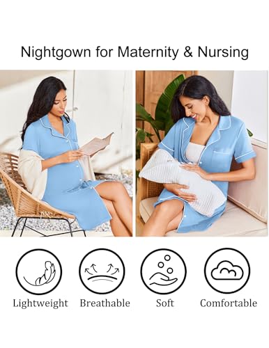 Image of Ekouaer Nightgowns for Women Bamboo Viscose Sleep Shirts Button Down Night Shirt Short Sleeve Boyfriend Pajama Dress
