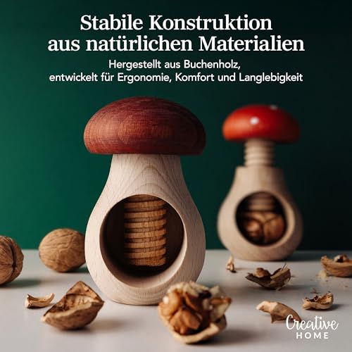 Creative Home Nussknacker Holz Set 2 Stück | Fliegenpilz und Steinpilz Form | 10 x 6 cm | Natürliches Buchenholz | mit Schraubmechanismus | Schraubgewinde | Massiv & Nützlich Nussknack