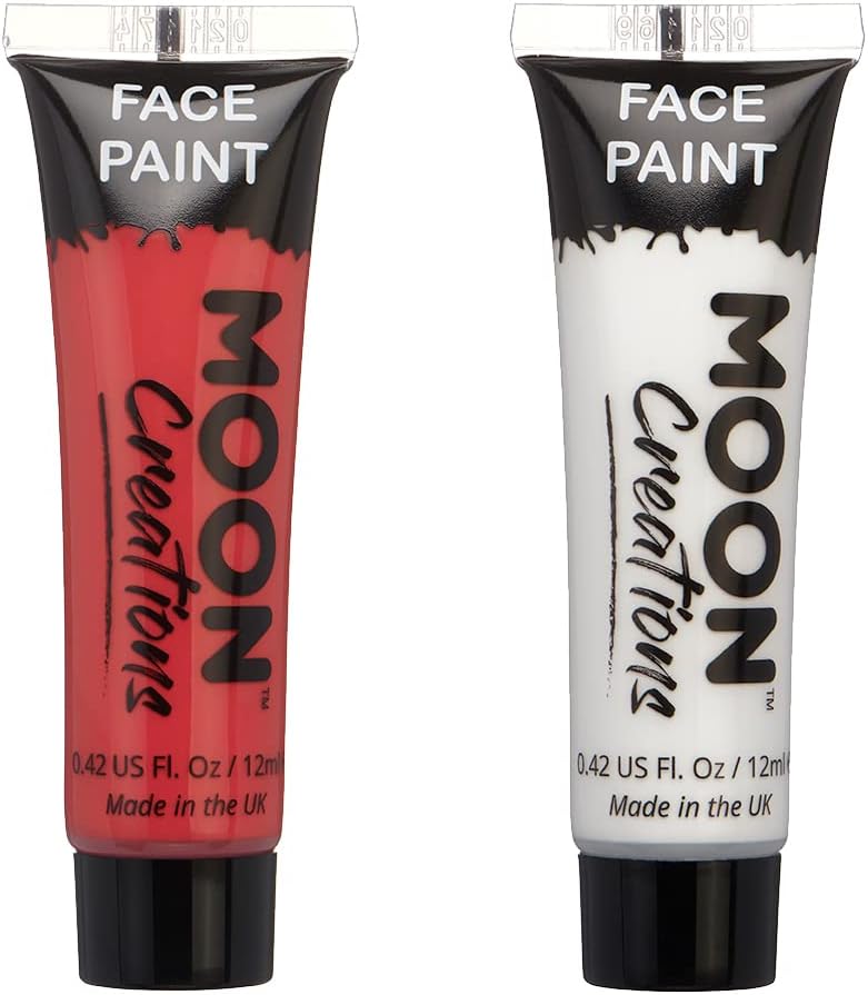 Moon Creations Face & Body Paint Tubes | Red & White Set | 12ml | Ready to Use Face Paint | No Flake | Cruelty Free, Made in UK | Face Paint for Kids, Adults, Fancy Dress, Festivals, Halloween, Joker