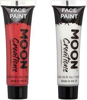 Moon Creations Face & Body Paint Tubes | Red & White Set | 12ml | Ready to Use Face Paint | No Flake | Cruelty Free, Made in UK | Face Paint for Kids, Adults, Fancy Dress, Festivals, Halloween, Joker