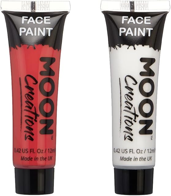 Moon Creations Face & Body Paint Tubes | Red & White Set | 12ml | Ready to Use Face Paint | No Flake | Cruelty Free, Made in UK | Face Paint for Kids, Adults, Fancy Dress, Festivals, Halloween, Joker