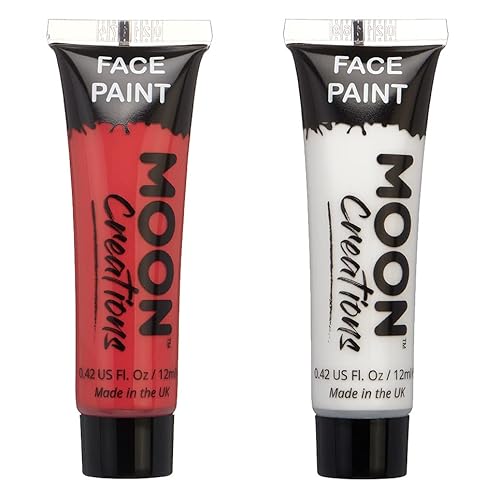Moon Creations Tubos de pintura facial y corporal | 12ml | Pintura facial lista para usar | Pintura facial para niños, adultos, disfraces, festivales, Halloween Rojo blanco