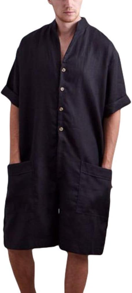 Juleya Men's Romper Cotton Linen One Piece Dungarees Casual Onesie Playsuits Buttons Short Sleeve Jumpsuit Overalls with Pockets