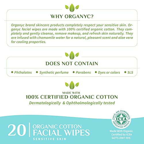Organyc 100% Certified Organic Cotton Facial Beauty Cleansing Wipes - No Chlorine Bleach, Dyes, Parabens, Perfumes, Plastics, Or Man-Made Materials, 20 Count #TOP1