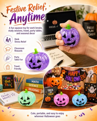 2027 New Halloween Pumpkin Stress Ball for Adults, Soft Anxiety Relief Fidget Cute Squeeze Toys, Slow Rise Glitter Dumpling Sensory PVC for Party Favors, Classroom Prizes, Gifts - Image 3