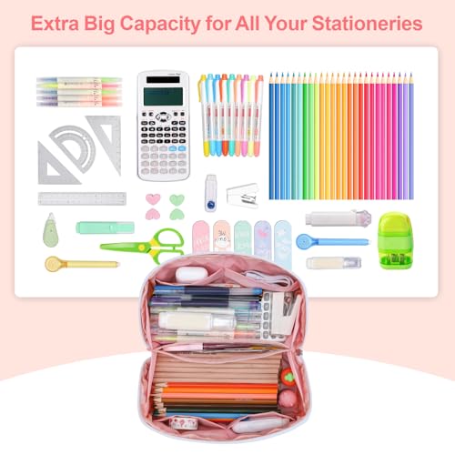BrainyBees Large Capacity Pencil Case - Pencil Pouch for Teen Girls, Aesthetic Pouch Organizer with 8 Compartments, Wide Opening Marker Bag for Middle High School College, Fits Calculator, Pink - Image 2