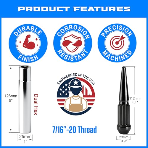 Image of 24 Pc Solid Spline Spike Lug Nuts Kit 7 /16 inch Black for Chevy 6 Lug 1 /2 T Truck Blazer Jimmy (71-91)