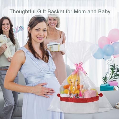 Image of COMSE Small Gift Basket Empty with Bag & Ribbons, Red & White