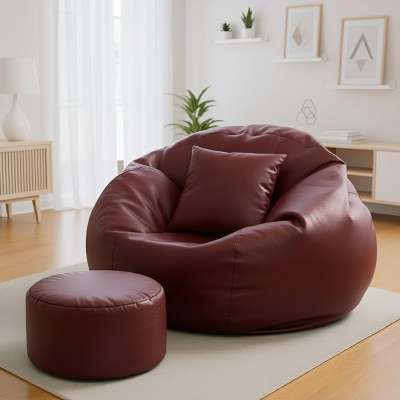 Image of Biggie Bean Bag with Beans Filled 5XL The Evergreen Classics Bean Sofa-Crafted for Comfort-Styled for Elegance with Free Cushion & Footrest (Matching Color : Leatherette Maroon)