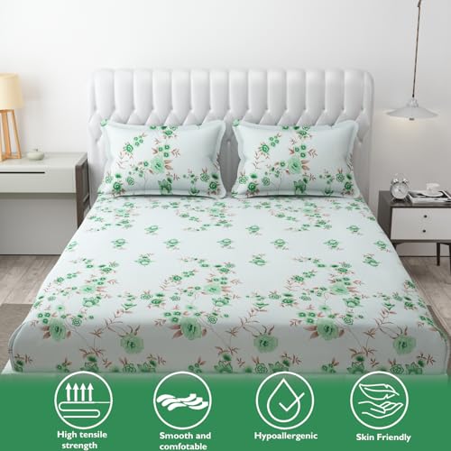 Image of Fresh From Loom Floral Print 240 TC Microfiber King Size Bedsheet Set with 2 Pillow Cover - Hypoallergenic & Soft (90 x 95 inch | Cyan, Floral Design)