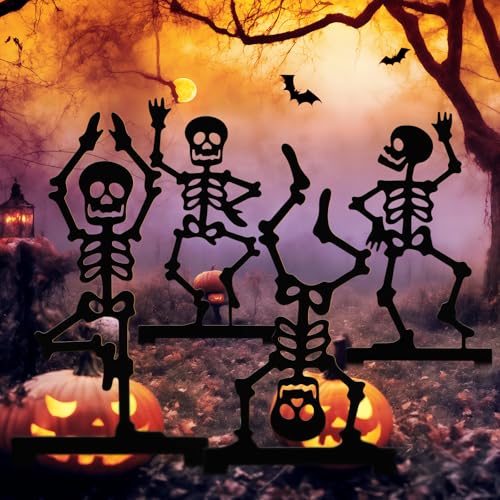 Geelin 4 Pcs Metal Halloween Yard Signs Black Skeleton Garden Metal Stakes Gothic Scary Outdoor Decorations for Trick or Treat Lawn Cemetery Decor Props