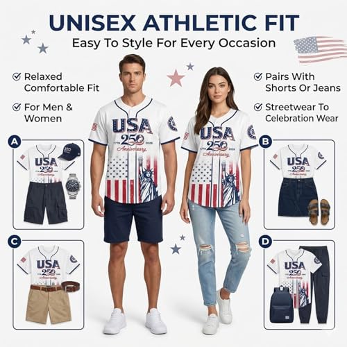 Camiseta de béisbol patriótica de aniversario 250 de USA con estampado Estatua de la Libertad y bandera, botones, talla X-Large miniatura 5