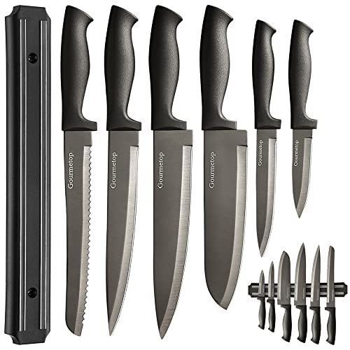Gourmetop Kitchen Knives Set Cooking Knives with Magnetic Strip Sharp Knife Set Chef Knife Set Stainless Steel Black Titanium Plated Cutting Knives Set for Kitchen with Gift Box 6 Pieces
