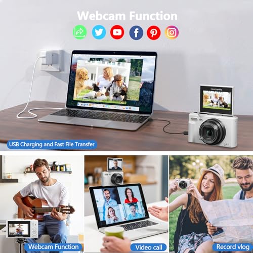 Image of Digital Camera for Photography, 4K Vlogging Camera for YouTube 3 inch 180 Flip Screen 18X Digital Zoom Compact Cameras with 32GB TF Card & 2 Batteries, White