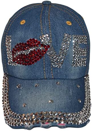 Popfizzy Bling Love Cap for Women, Rhinestone Love Hat, Bedazzled Baseball Caps, Distressed Denim Hats, Fancy Bejeweled Hats, Bling Gifts for Women