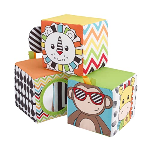 Image of NoJo Sassy Baby Eli Elephant, Zebra and Monkey Multi-Colored Developmental Plush Baby Blocks, Set of Three with Crinkle, Mirror and Chime