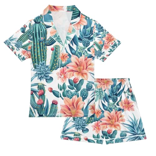 senya Succulent Plant A Satin Summer Pajama Sets Silk Short Sleeve Button Down Sleepwear
