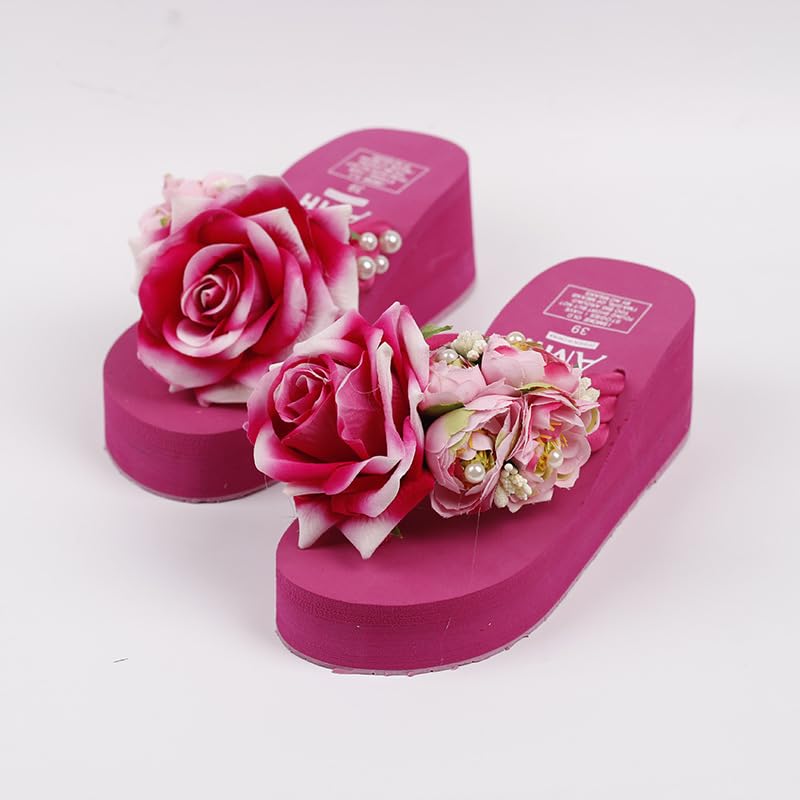 Loizziuy Pink Floral Slippers Summer Women's Sandals Elevated Heels Thick-Soled Platform Handcrafted Flower Decor for The Beach4