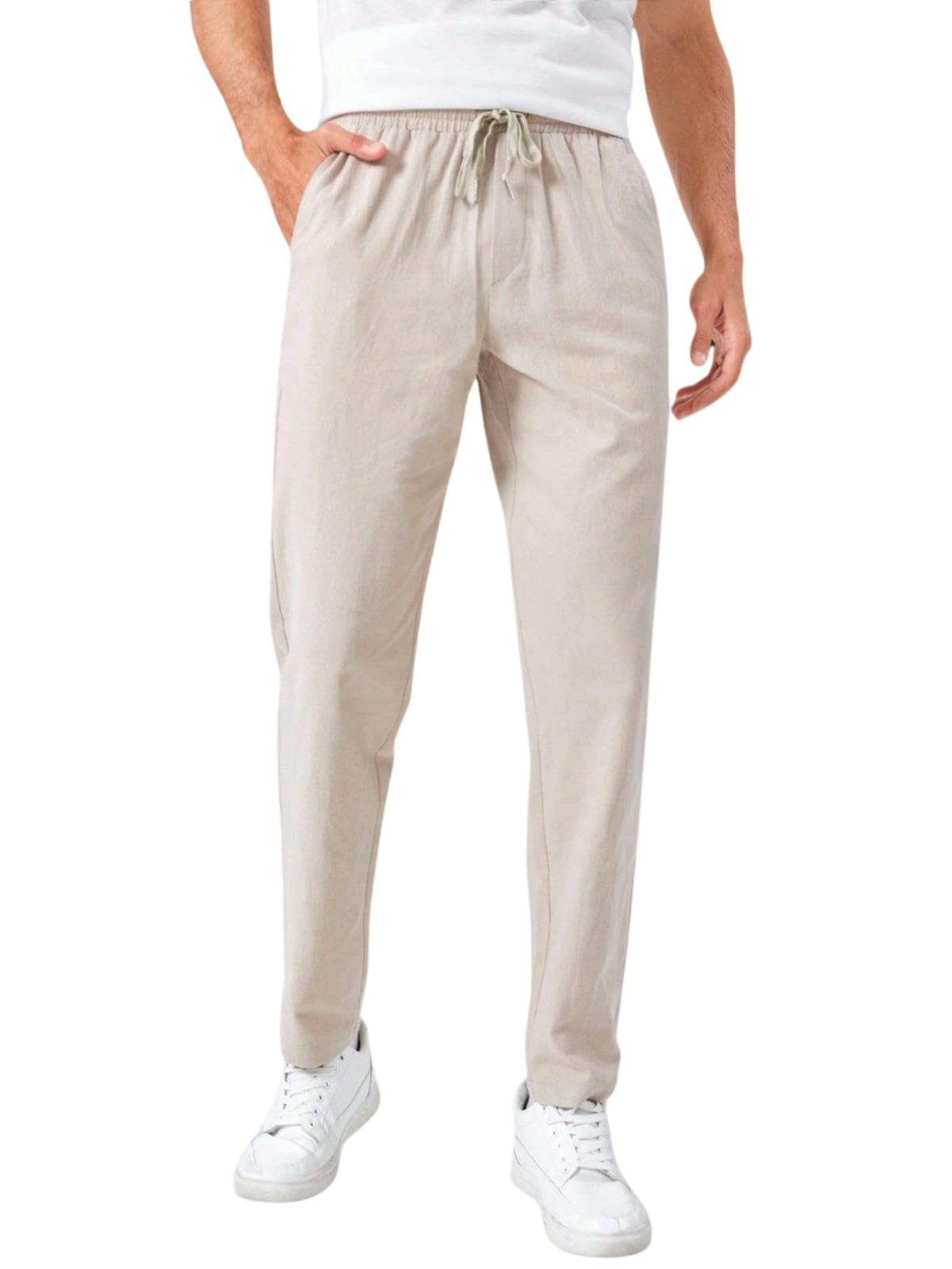 Men's Linen Trousers with Elastic Drawstring Waist, Straight Fit-picture-44