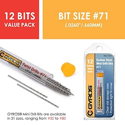 Gyros Carbon Steel Wire Gauge Mini Twist Drill Bits | Includes 12 Micro Carbon Steel Bits Size #71 with Clear Storage Vial | Use with Pin Vise, Screwdrivers, and Rotary Tools (45-11271)