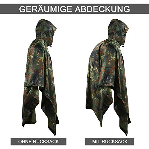 LOOGU Leichter wasserdichter Regenponcho mit Kapuze Camouflage Design Ripstop Mehrzweck Regenmantel für Männer und Frauen Regencape schnell trocknend wiederverwendbar Für Camping Angeln Jagd Events