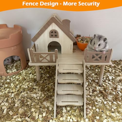 Plataforma de madeira para hamster e casa de hamster anão, plataforma de gaiola de hamster com escad