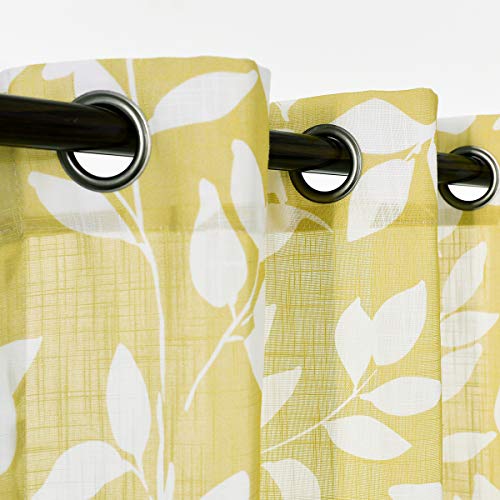 Image of Treatmentex Yellow White Curtains for Living Room 63 inch Length Leaves Print Semi-Sheers Curtains for Kid's Room Windows, Mustard Yellow, Grommet Top, 2 Pack