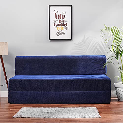 Image of Convertible Fabric Sofa Cum Bed | Foldable Double Foam & Washable Cover with Cushions | Modern Design Use Living Room & Guest Room (Moshi-Blue-Multi-Chain, 5X6 Ft)