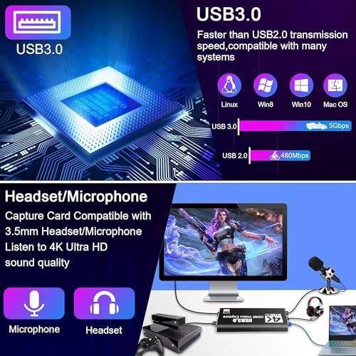 Image of ELECTRO WOLF 4K USB 3.0 HDMI Video Capture Card with HDMI Loop-Out 1080P 60FPS Live Streaming Game Recorder Device, Compatible Windows Linux OBS OS X Twitch for PS3 PS4 (Capture Card 4K 3.0)