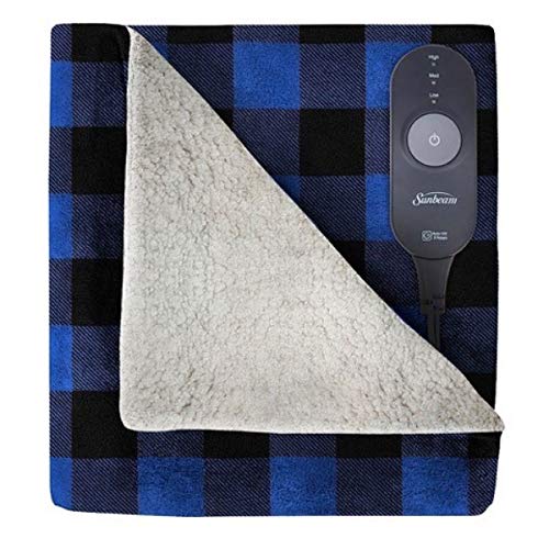 Sunbeam Electric Heated Soft Sherpa Plush Warming Throw Blanket Navy Blue Buffalo Plaid Washable Auto Shut Off 3 Heat Settings