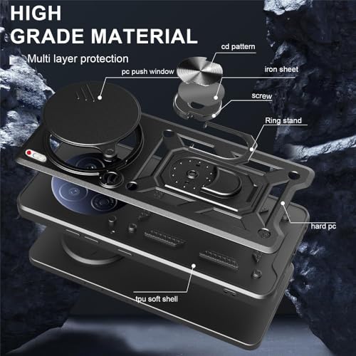 Image of Heavy Duty Back Case Cover for Tecno Camon 30 Premier 5G, Shockproof Tecno Camon 30 Premier Back Cover, Ring Case with Kickstand and Camera Protection Shutter - Black