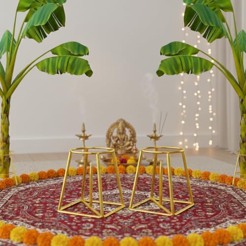 Image of CINAGRO Gold Banana Plant Stand - Pairs (Left & Right) for Pooja & Mandir Decor, Rust-Resistant Durable Metal Stand for Banana Stems, Leaf Holder for Temple, Home Festival Decoration Use