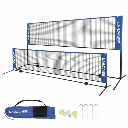 LARMNEE Badminton Netz 4 m Volleyballnetz Federballnetz 3-Fach-Höhenverstellbar 107/120/155cm Tragbares Set für Tennis Badminton oder Volleyball für Garten Indoor Outdoor ELS04BN02