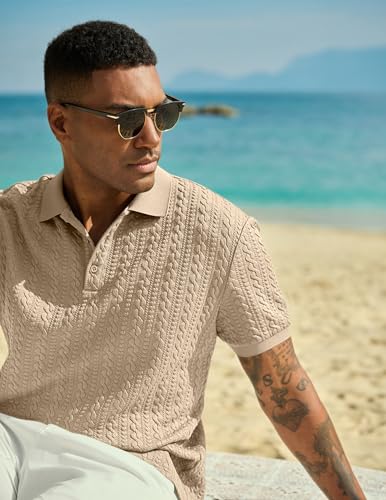 Image of JMIERR Men's Casual Polo Shirt Knitted Textured Short Sleeve Stretch Golf Shirt Summer Vacation Beach Collared Shirts