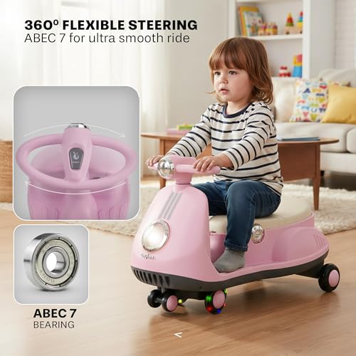 Image of Baybee Gliddo Baby Swing Car for Kids with LED Lights & Music | 360 Steering Twister Push Ride On with Wide Seat, Storage & Smooth Glide | Wiggle Magic Car for Boys & Girls Aged 3+ Years (Pink)