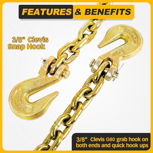 Image of G80 Tow Chain, 3 /8 inch x 10FT Load Binder Chain with 5400 LBS Safe Working Load, G80 Heavy Duty Logging Chain for Transporting, Towing, and Tie-Down Binding Equipment