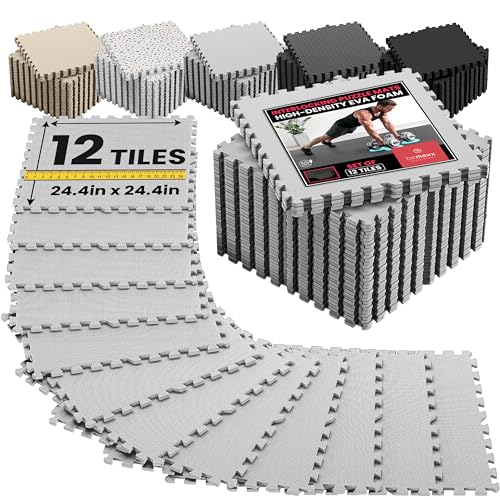 Image of bemaxx Gym Mats Set - 12 pcs EVA Interlocking Foam Floor Tiles (24.4 inchx24.4 inchx0.4 inch) 48 sqft Protective Gym Flooring Sports Home Workout Exercise Mats Puzzle Garage Fitness Play-Room Pool Treadmill Bike