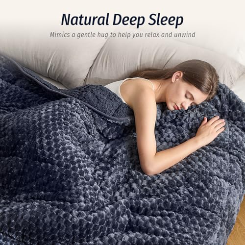Wemore Fleece Weighted Blanket for Adults (60" x 80" 15lbs, Grey-Blue), Dual Sided Cozy Soft Sherpa Heavy Blanket, 3D Imitation Turtle Shell Warm Jacquard Flannel Weighted Blankets for Couch and Bed