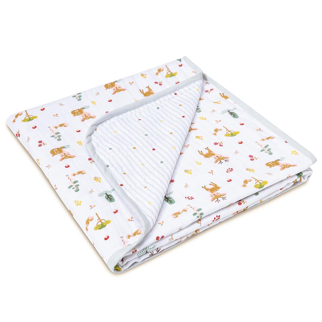 haus & kinder 100% Cotton Reversible Muslin Blanket for Newborn Baby Boy & Girl | Triple Layer Baby Blanket, Soft, Lightweight, Breathable | 0-3 Years | 120x120 cm – Whimsical Woodland