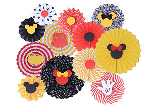 Mouse Birthday Party Decorations 12 Pcs Red Yellow Black Mouse Tissue Paper Fans for Mouse Birthday Decor Mouse Party Decor Photo Props Baby Shower Party Decor