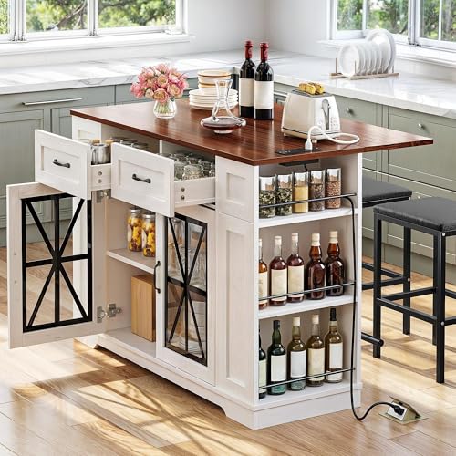 DWVO 3 PCS Kitchen Island with Drop Leaf, Mobile Storage Island with Seating, Rolling Dinning Table Set with 2 Bar Stools & Power Outlet, Bar Island Cart on Wheels, 2 Footrest & Spice Rack,